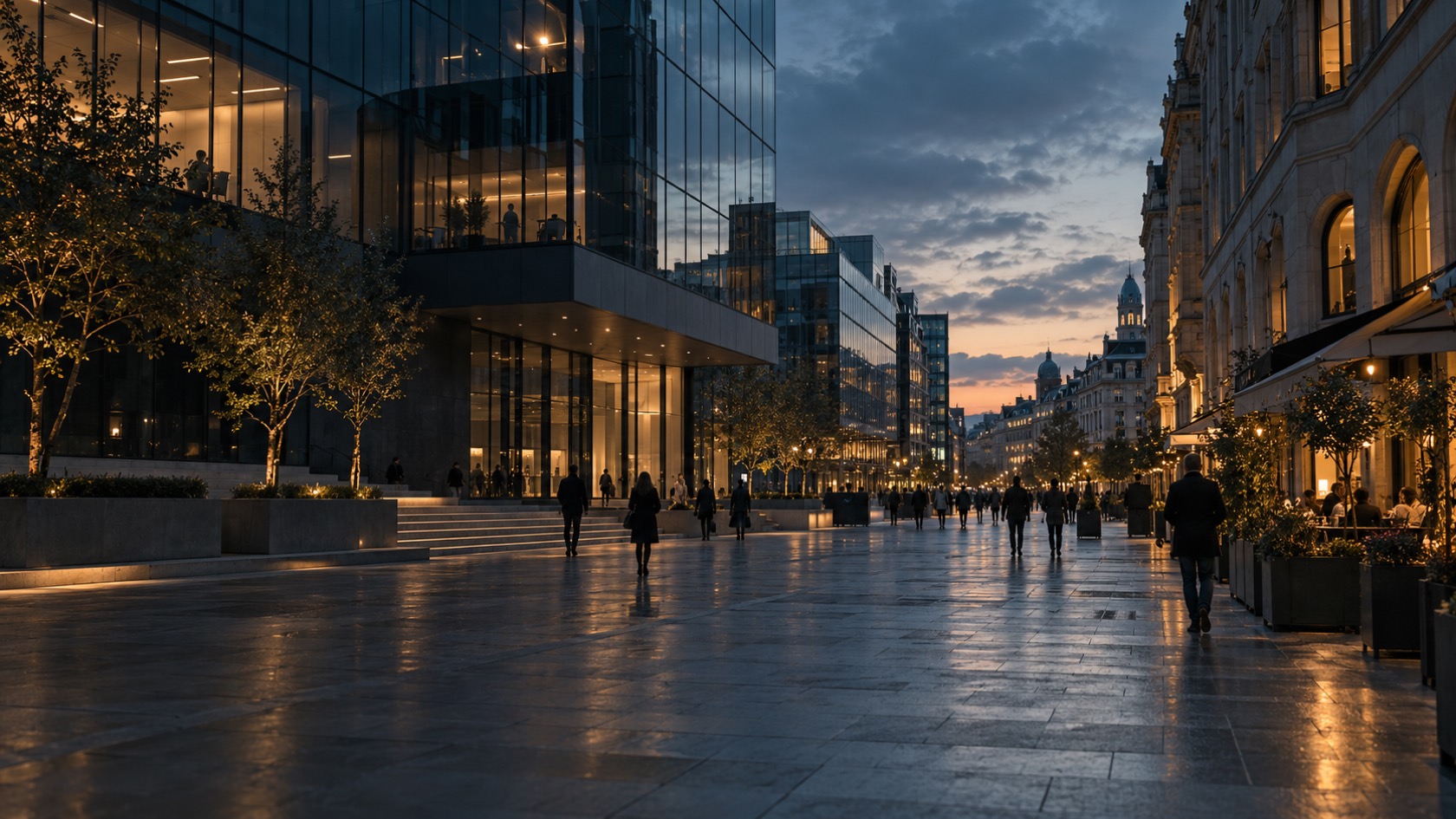 Illustrative city street at dusk with people walking between buildings