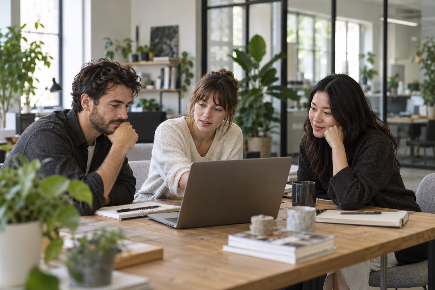 Editorial illustration of colleagues discussing a website at a shared work table